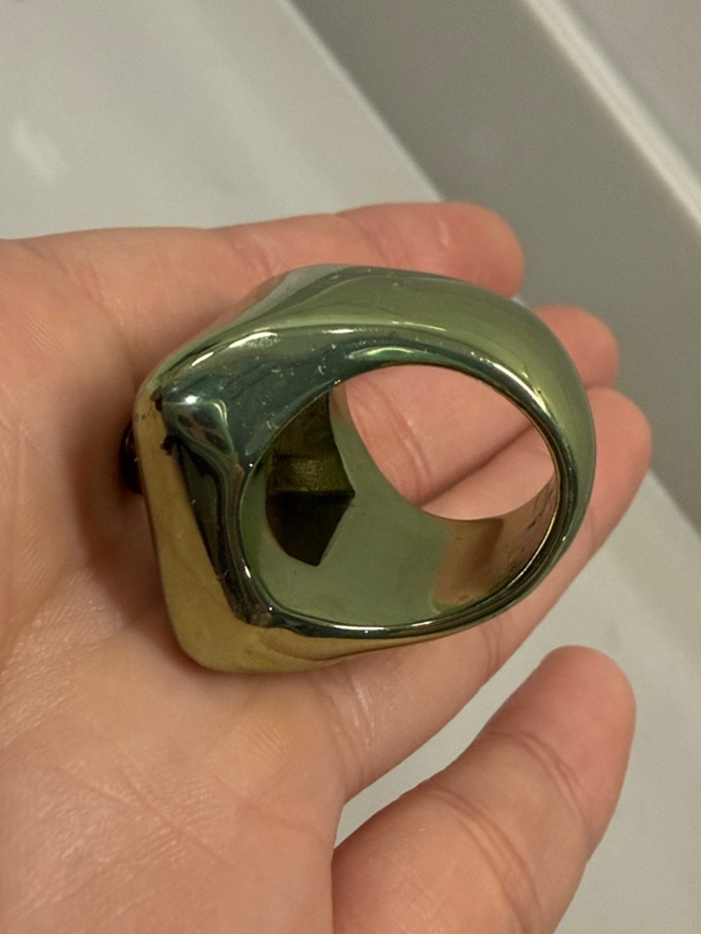 Kurt Geiger Green Metallic Statement Ring with Clear Gem and Gold Accent - Picture 4 of 6